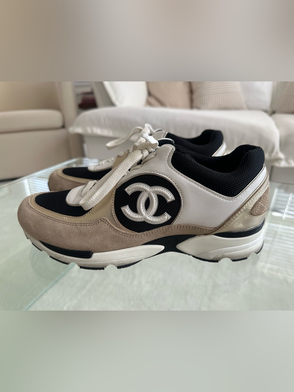 CHANEL Beige, Black & White CC Emblem Runner Sneakers